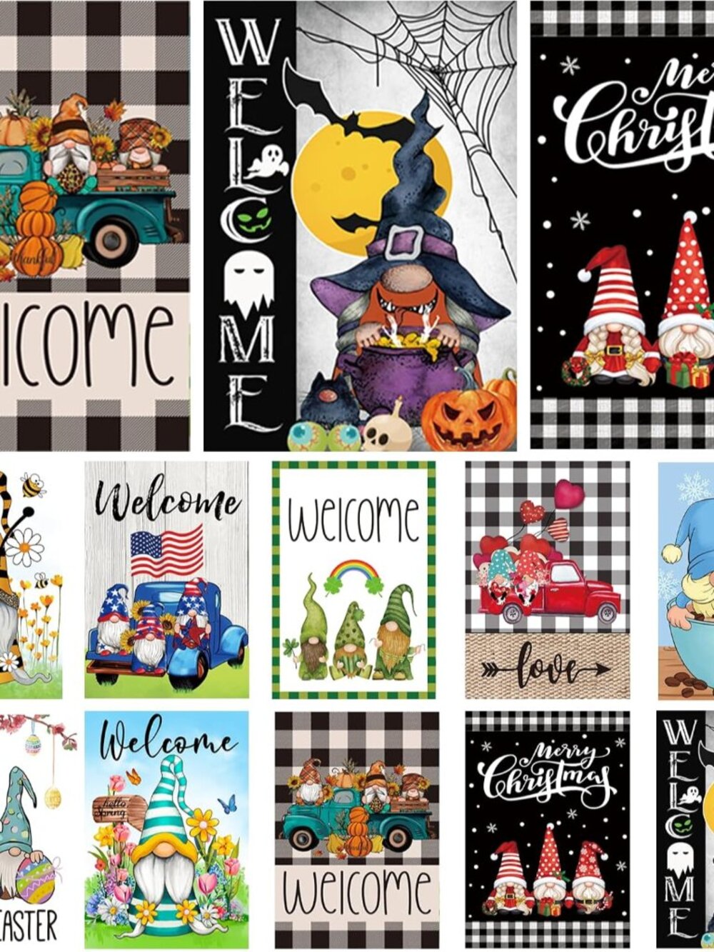 Set of 10 Gnome Seasonal Garden Flags, Double Sided 12 x 18 Inch Yard Flags